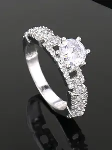 Estele Rhodium Plated Cubic Zirconia Studded Finger Ring