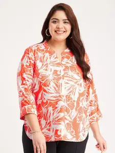 FableStreet X Plus Size Floral Print Mandarin Collar Shirt Style Top