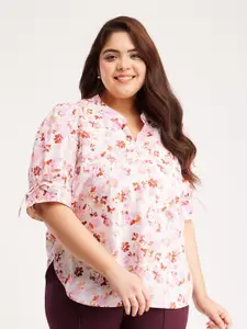 FableStreet X Plus Size Floral Print Mandarin Collar Cotton Shirt Style Top