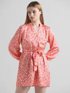 ONLY Onlsilica LS Floral Printed Puff Sleeves Mandarin Collar Belted A-Line Mini Dress