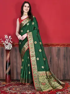 Mitera Green & Red Woven Design Zari Banarasi Saree