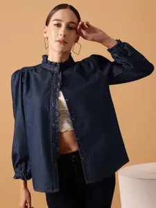 STREET 9 Comfort Band Collar Puff Sleeve Denim Casual Shirt