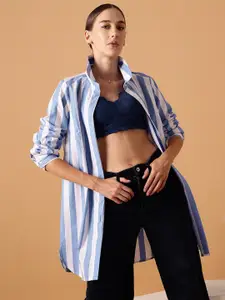 STREET 9 Comfort Oversized Striped Longline Pure Cotton Casual Shirt