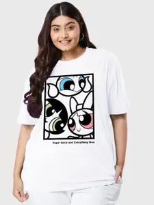 Bewakoof Plus Size Powerpuff Girls Printed Drop-Shoulder Sleeves Cotton Oversized T-shirt