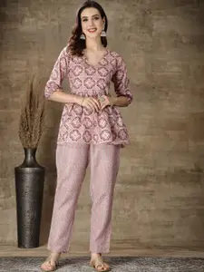 Stylum Mauve & White Ethnic Motifs Printed Top With Trousers Co-Ords