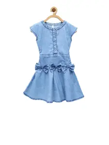StyleStone Girls Blue Solid Fit and Flare Denim Dress