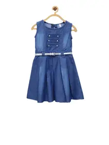 StyleStone Girls Blue Solid Fit and Flare Denim Dress