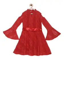 StyleStone Girls Red Self-Design Fit and Flare Dress