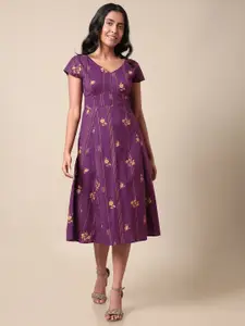 Saaki Floral Printed V-Neck Cotton A-Line Midi Dress