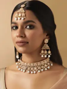 Rubans Gold Plated Necklace and Earrings with Maang Tika