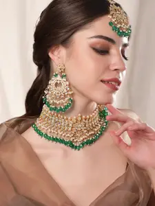 Rubans 22KT Gold Plated Kundan Necklace and Earrings with Maang Tika