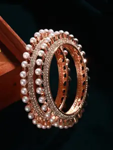 Priyaasi Set Of 2 Rose Gold-Plated AD Studded & Pearl Beaded Bangles
