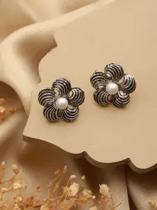 Priyaasi Silver-Plated Pearls Flower Oxidised Studs Earrings