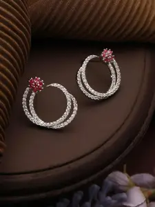 Priyaasi Silver-Plated American Diamond Studded Circular Drop Earrings