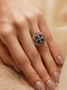 Priyaasi Silver-Plated American Diamond-Studded Adjustable Cocktail Ring