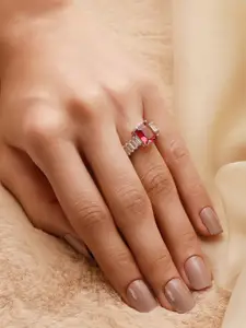 Priyaasi Silver-Plated Baguette Diamond-Studded Adjustable Finger Ring