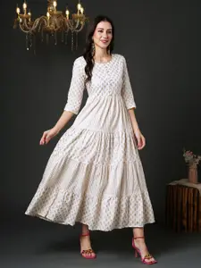 Indo Era Ethnic Motifs Printed Round Neck Tiered Cotton Fit & Flare Dress