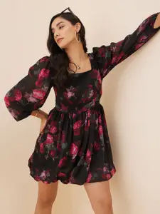 RARE Black Floral Printed Puff Sleeves Fit & Flare Dress