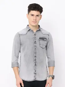 FLY 69 Premium Slim Fit Spread Collar Faded Denim Casual Shirt