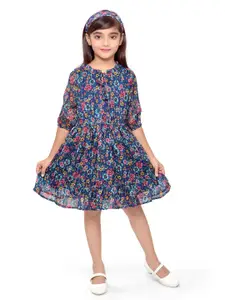 Doodle Girls Floral Printed Tie-Up Neck Chiffon Fit & Flare Dress