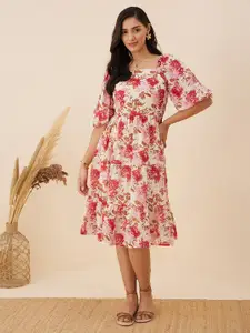 RARE Pink Floral Printed Flared Sleeves Fit and Fare Dress