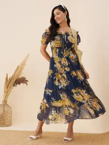 RARE Navy Blue Floral Printed Off-Shoulder Midi Fit and Flare Dress