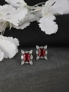 ZaffreCollections Rhodium-Plated American Diamond-Studded Square Shaped Studs Earrings