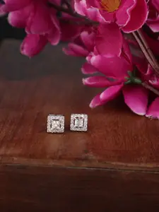 ZaffreCollections Rhodium-Plated American Diamond-Studded Square Studs Earrings