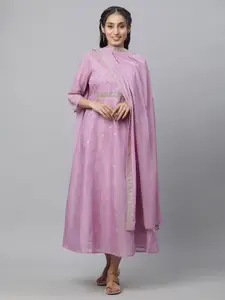 AURELIA Purple Ethnic motifs Self Design Embroidered Fit & Flare Ethnic Dress With Dupatta