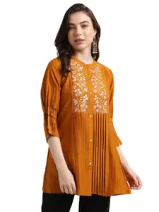 Nimayaa Floral Embroidered Mandarin Collar Pleated A-line Longline Top