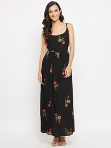Imfashini Floral Embroidered Shoulder Strap Gathered Cotton Fit & Flare Maxi Dress