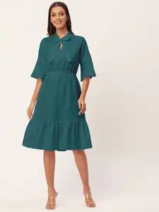Moomaya Tie-Up Neck Flared Sleeves Fit & Flare Dress