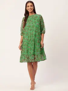 Moomaya Floral Printed Puff Sleeves Tiered A-Line Dress