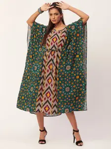 Moomaya Geometric Printed Extended Sleeves Tie-Ups Kaftan Midi Dress