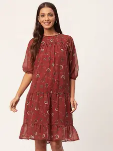 Moomaya Floral Printed Puff Sleeve Chiffon A-Line Dress