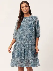 Moomaya Floral Printed Puff Sleeves Tiered A-Line Dress