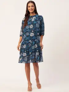 Moomaya Floral Printed Puff Sleeves Tiered A-Line Dress