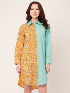 Moomaya Ethnic Motifs Printed Spread Collar Cotton Shirt Dress