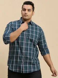 Sztori Plus Size Classic Tartan Checks Spread Collar Long Sleeve Cotton Casual Shirt