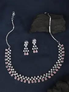 ZaffreCollections Rhodium-Plated American Diamond-Studded Necklace With Earrings