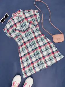 Pantaloons Junior Girls Checked Shirt Collar Extended Sleeve Gathered Cotton Shirt Dress