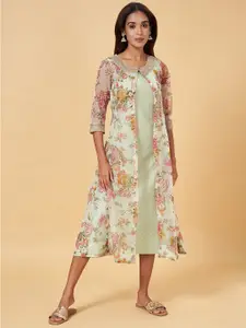 RANGMANCH BY PANTALOONS Polka Dot Printed Round Neck A-Line Midi Dress With Shrug