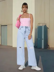 Flying Machine Women Wide Leg High-Rise Slash Knee Heavy Fade Jeans