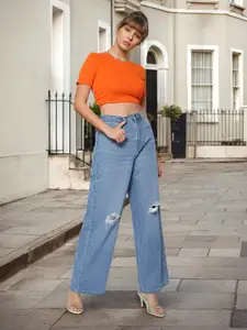 Flying Machine Women Wide Leg High-Rise Slash Knee Light Fade Jeans