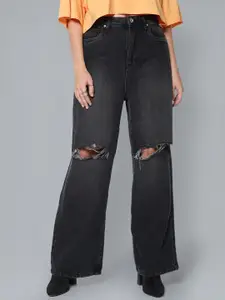 Flying Machine Women Wide Leg Fit High Rise Slash Knee Light Fade Non Stretchable Jeans