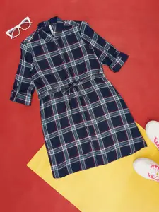 Pantaloons Junior Girls Checked Shirt Collar Roll-Up Sleeves Tie Up Cotton Shirt Dress