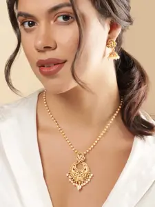 Rubans 18K Gold Plated Golden Bead & White Pearl Drop Chandbali Pendant Jewellery Set