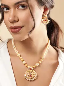 Rubans 18K Gold-Plated Handcrafted Kundan Studded Necklace Set with White & Ruby Red Stone