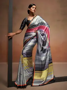 Satrani Grey Printed Striped Satin Saree