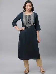 AURELIA Ethnic Motif Embroidered Yoke Design Round Neck Straight Kurta